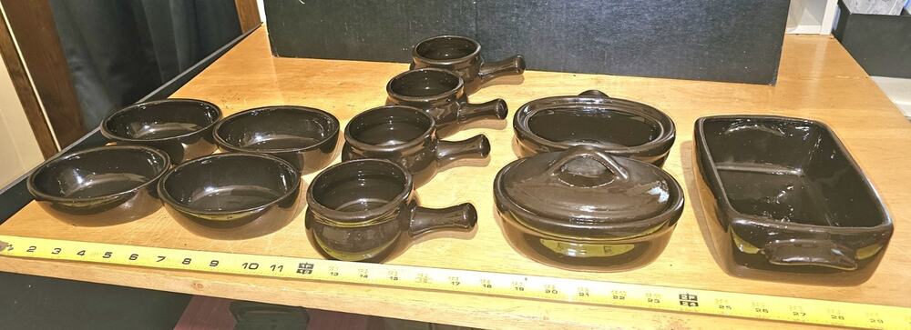 Set of 11 Vintage Taiwan Stoneware Dark Brown 1970s No Chips Or Cracks